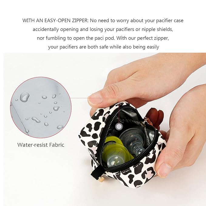 MOMIGO Pacifier Case Bag - Pacifier Holder with Clip for Diaper Bag Stroller Purse Charm, Holds 2 Pacifiers Outdoor Travel (Leopard)