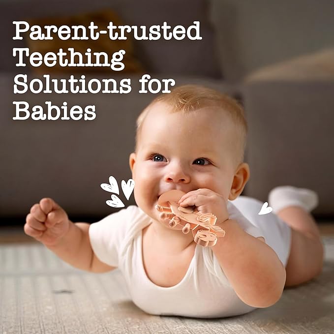 Bambeado Dibly Baby Teething Toy - Made with Natural Rubber & Amber Elements - Gentle Support, Easy to Hold, Simple to Clean - Cute Dinosaur Teether Toy - Alternative to Amber Teething Necklace Pink
