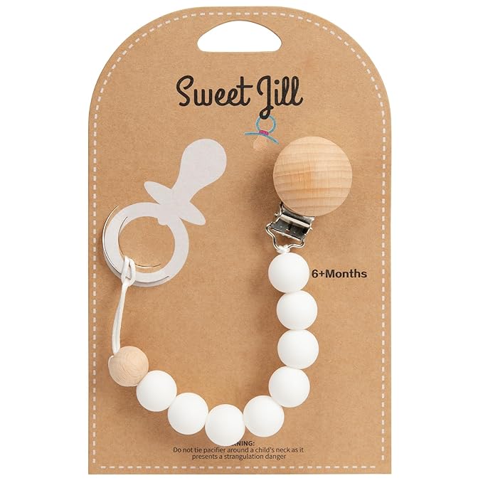 White-Sweet Jill Pacifier Clip Made with Silicone Beads and Secured with Wood Clip. 1 Piece Design. BPA-Free. Chewable. 9" Long. Keeps Pacifiers and teethers securely Fastened.