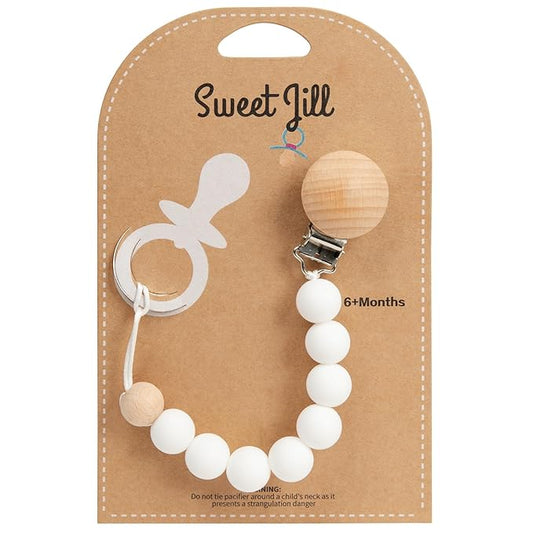 White-Sweet Jill Pacifier Clip Made with Silicone Beads and Secured with Wood Clip. 1 Piece Design. BPA-Free. Chewable. 9" Long. Keeps Pacifiers and teethers securely Fastened.