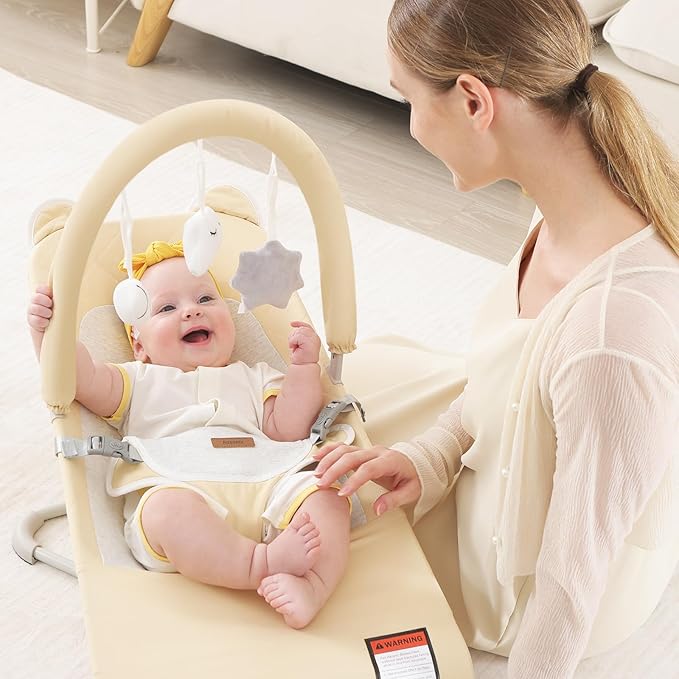 Baby Bouncer, Foldable Infant Bouncer Seat with 3 Adjustable Heights, 0-18 Months, Portable Baby Bouncer with Soft Cotton Fabrics, Lightweight & Easy to Wash