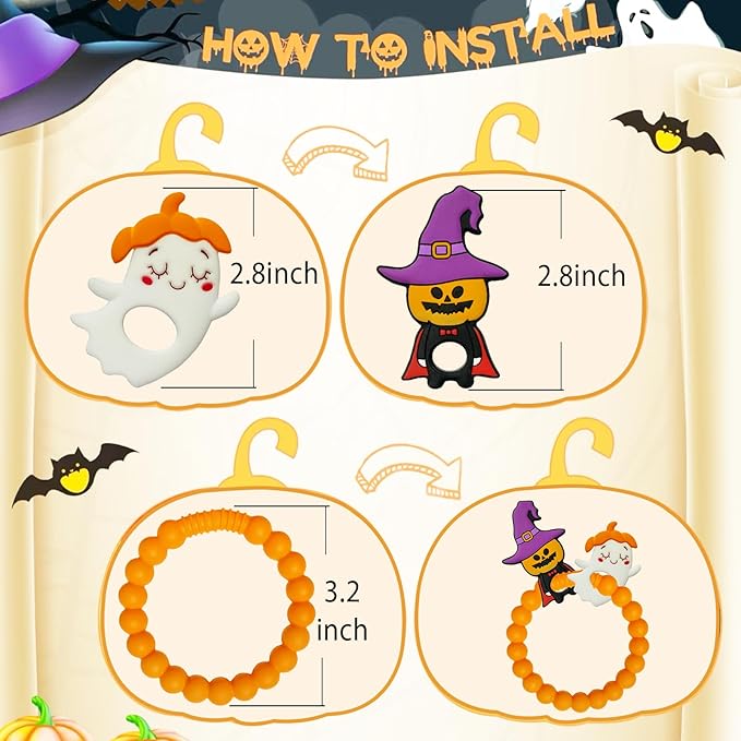 BIGSPINACH Halloween Teething Ring, Silicone Baby Teether with Witch and Cat Design, BPA-Free Infant Teething Toy, Easy to Hold,Safe for Babies and Toddlers (Colorful, Spooky Scarecrow) 2PC