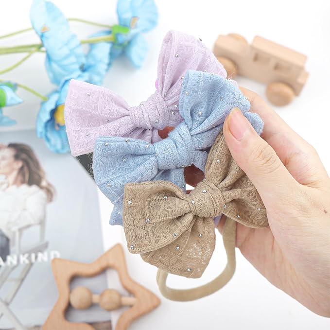YanJie 3PCS 4’’ Lace Hair Bow for Girls Soft Nylon Baby Headbands Rhinestone Blue Purple Brown Bows Hair Accessories for Newborn Infant Toddler Girl