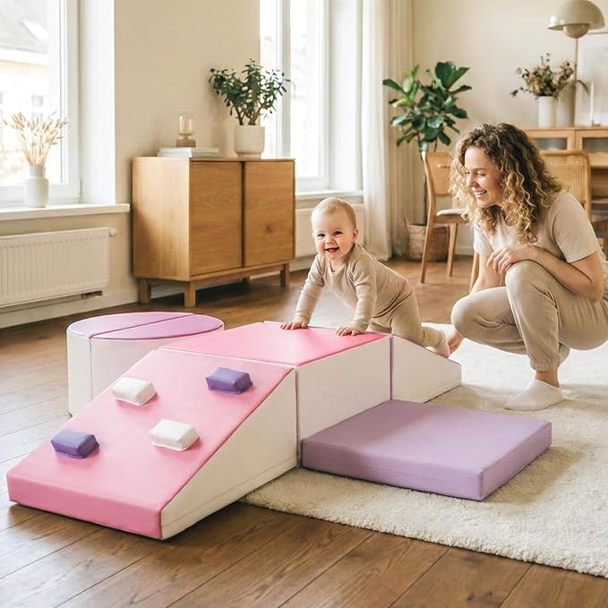 Olakids Climbing Toys for Toddlers, 6 Pieces Baby Foam Blocks Soft Play Set with PU Leather, Indoor Kids Climb and Crawl Sliding Activity Structure Gym Playground Climber (Peach)