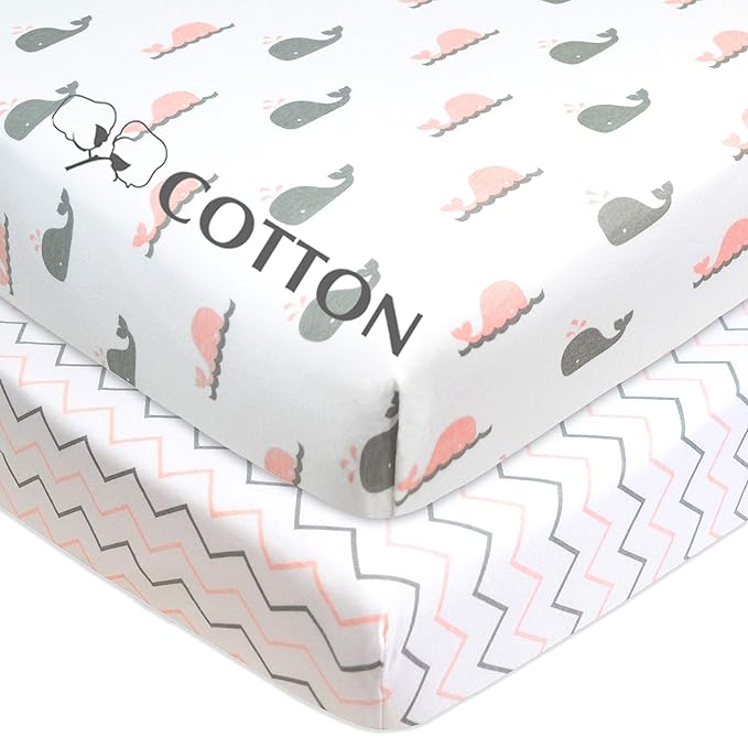 American Baby Company 2 Pack 100% Natural Cotton Fitted Pack and Play Sheets 39" x 27" - Soft & Breathable Pack N Play Sheets for Playard & Mini Crib Mattress, Pink Whale/Zigzag, for Boys & Girls