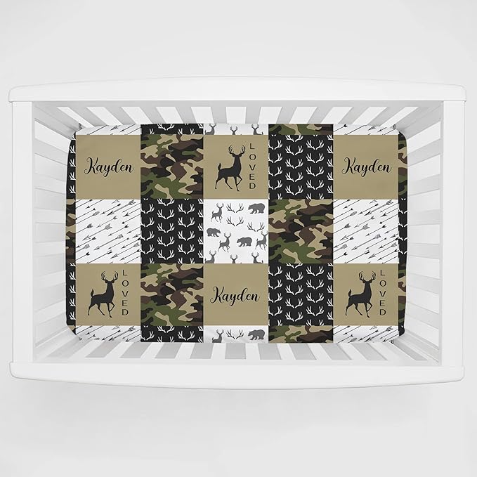 Personalized Pack and Play Sheets with Name, Custom Name Baby Mini Crib Sheets for Baby Boys Girls, Name Pack n Play, Fitted Sheet with Name, Soft and Breathable Material (Woodland Deer Green)