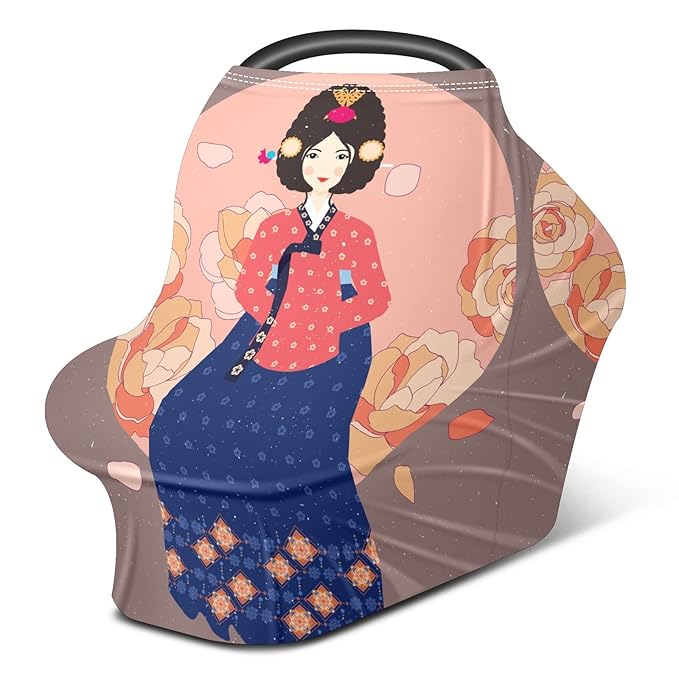 Baby Car Seat Stroller Covers Lady in Hanbok Traditional Korean Women Nursing Cover Breastfeeding Scarf Soft Breathable Stretchy Coverage Carseat Canopy Cover for Boys and Girls Multi Use Baby