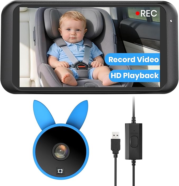 Babyvue Baby Monitor for Car with Video Recording & Playback, 1080P HD 4.5" Car Seat Camera with Auto Night Vision, USB Plug and Play Baby Car Monitor, Carseat Camera for Rear Facing Kids Infants，Blue