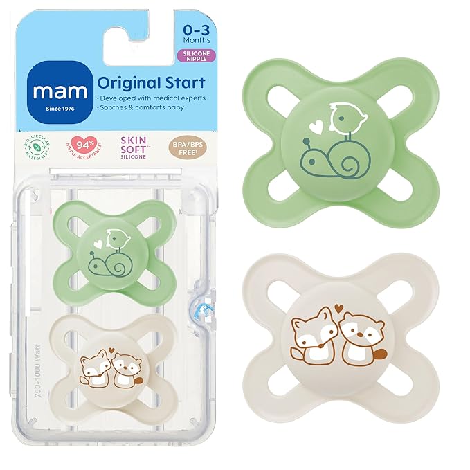 MAM Original Start Matte Baby Pacifiers 0-3 Months, BPA-Free Skin Soft Silicone Nipple, Developed with Medical Experts Specially for Smaller Newborn Mouths, Easy to Clean, 2 Pk with Sterilizer Case