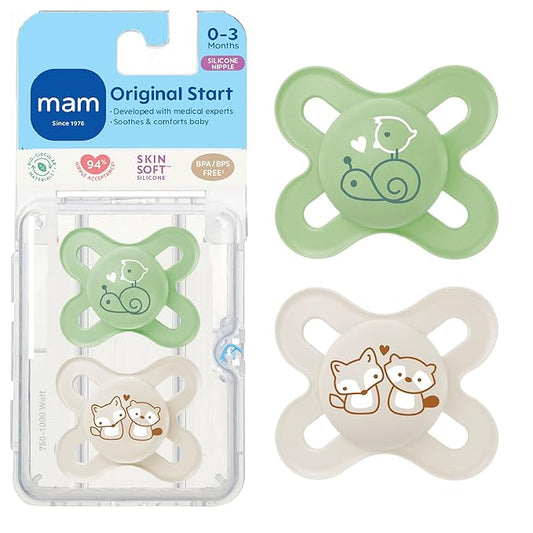 MAM Original Start Matte Baby Pacifiers 0-3 Months, BPA-Free Skin Soft Silicone Nipple, Developed with Medical Experts Specially for Smaller Newborn Mouths, Easy to Clean, 2 Pk with Sterilizer Case