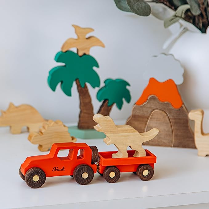 Personalized Colored Wooden Car Play Set with Dinosaur Theme – Custom Toddler Sensory Toys, Unique Birthday and Baptism Gifts for Boys, Nursery Room Decor, Baby Shower Gifts