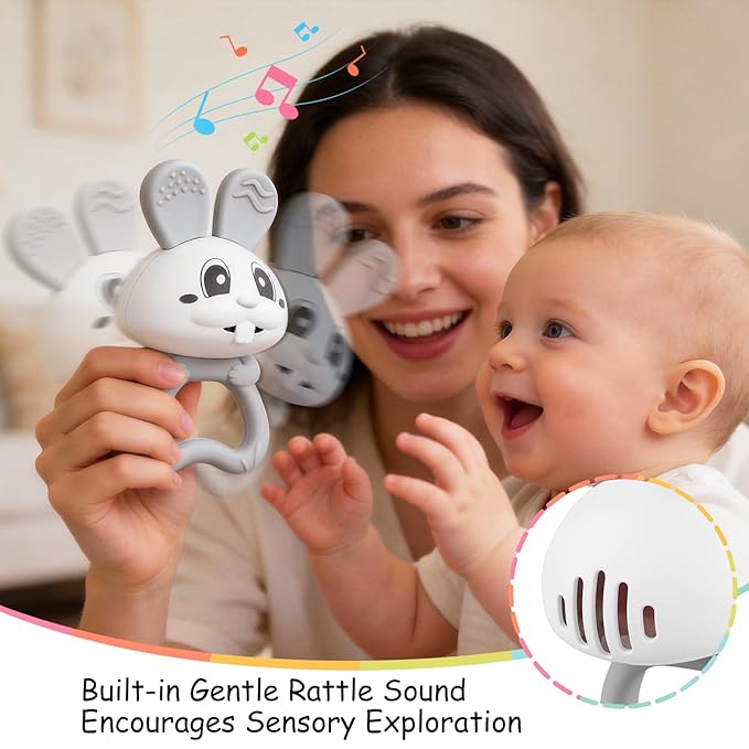 Mombella Baby Teething Toys 3–6 Months with Rattle, Bunny Easter Basket Stuffers for Babies 6–12 Months, Baby's First Toy with Anti Drop Strap, Teething Relief Baby Chew Toys, Easter Gifts, Grey