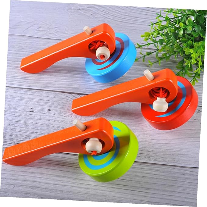 3pcs Wooden Gyroscope with Handle and Pull String for Lightweight Spinning Tops for Fine Motor Skill Development and Coordination Random Color