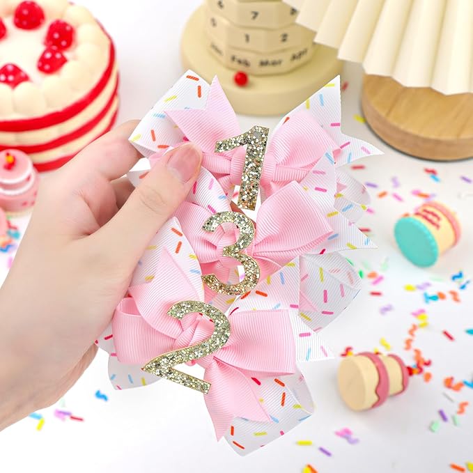 YanJie 4'' Baby Girl Birthday Hair Bow for 1 Year Old Newborns Sprinkle Glitter Birthday Infant Headbands Hair Accessories with Pink Frosting Bows