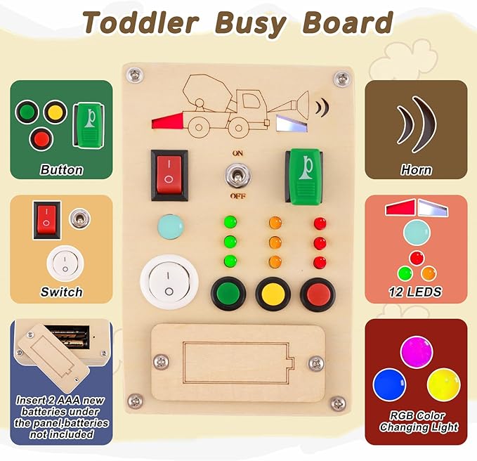 Busy Board Montessori Toys for 1 Year Old Led Button Push Toys Light Switch Preschool Learning Wooden Sensory for Toddlers 1-3 Baby Gifts Travel Fidget Toy (Vehicle Theme Light Toy)