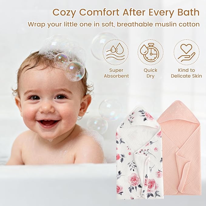 david's kids 2 Pack Baby Hooded Towels, Large 32"x32", 6 Layer 100% Muslin Cotton Absorbent Girl Bath Towel for Newborn, Infant and Toddler. Soft and Breathable Baby Essentials, Pink Floral&Rose