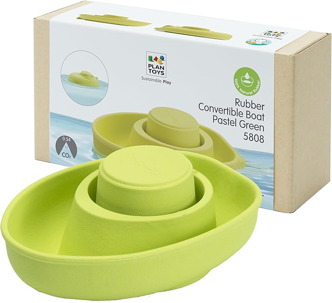 PlanToys® Pastel Green Rubber Convertible Boat | Montessori Water & Sensory Play Toy for Cause & Effect, Imagination & Exploration | Eco-Friendly Floating Bath Toy