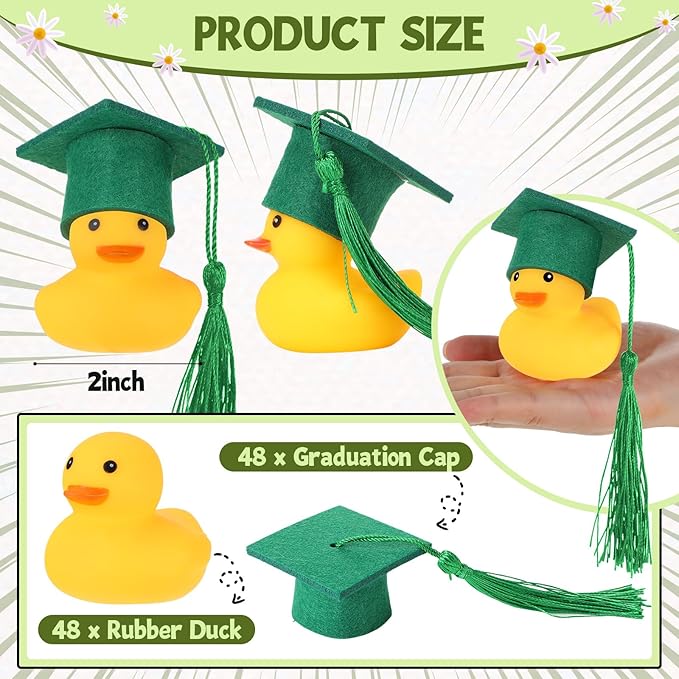 Jerify 48 Pcs Graduation Rubber Ducks with Grad Cap 2026 Diploma Grad Rubber Duck Graduation Party Bath Pool with Storage Bag for Student Gifts Party Favor(Green)