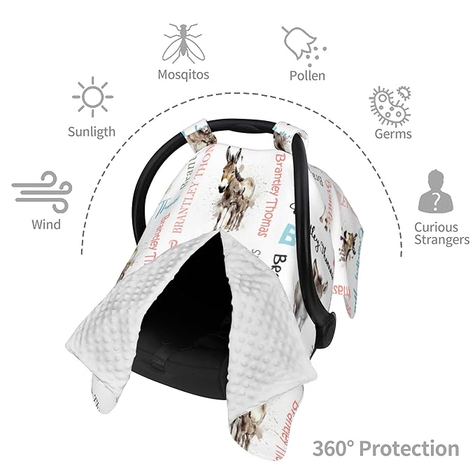 Custom Baby Car Seat Canopy Personalized Car Seat Covers with Name for Baby Boys Girls Customized Donkey Nursing Breastfeeding Cover Infant Carseat Canopies Newborn Minky Baby Blanket