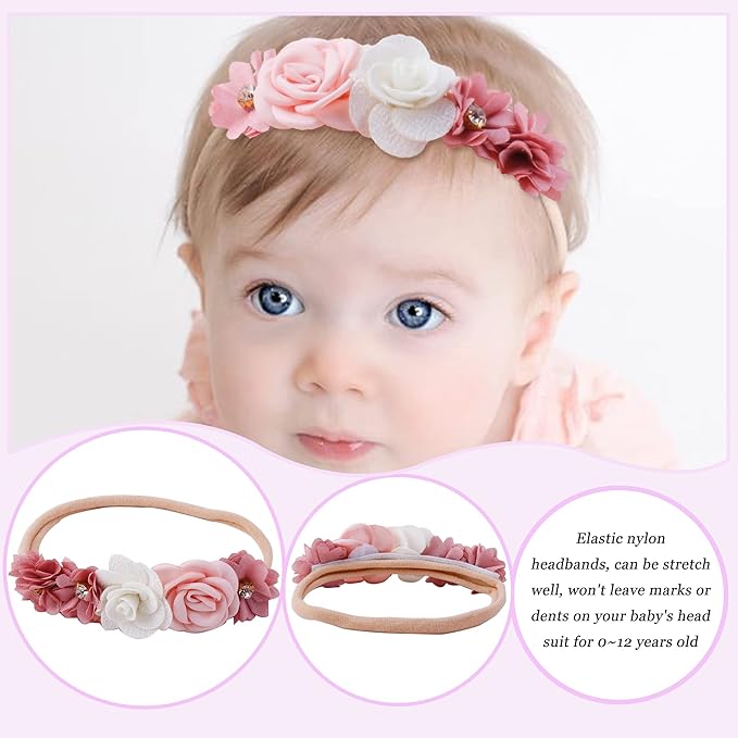 Baby Girl Flower Headband 6 PCS Elastic Hairbands Handmade Nylon Bows Headbands Chic Floral Hair Accessories Kids Gifts for Newborn Infant Toddlers