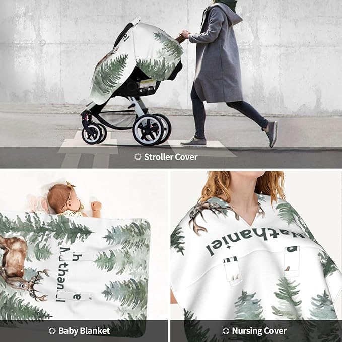 Custom Name Baby Car Seat Cover Woodland Deer – Personalized Nursing Cover, Stroller Canopy, Breastfeeding Privacy Cover, Multi-Use Infant Blanket, Shower Gift for Baby Boys
