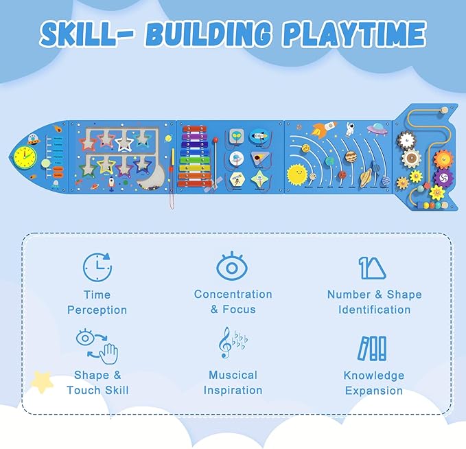 Spacocld Rocket Activity Wall Busy Board Panels - Sensory Wall Panel for Kids, Montessori Toddler Wall Activity Board, Wall Toys for Toddlers 3, Activity Cube, Wooden Multi-Activity Boards, Blue(5PCS)