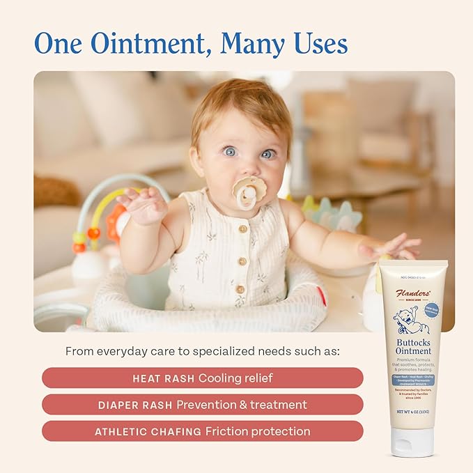 Flanders Buttocks Ointment – Zinc Oxide Diaper Rash Cream, 4oz Tube, Thick Barrier Paste for Baby & Adult Skin, Heat Rash, Chafing & Irritation Relief