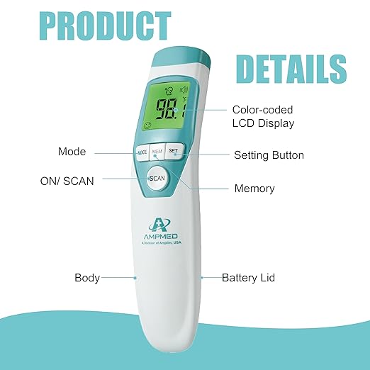 Amplim Hospital Medical Grade Non-Contact No-Touch Forehead Thermometer for Baby and Adults, Touchless Temporal Fever Thermometer, Fast and Accurate Digital Thermometer