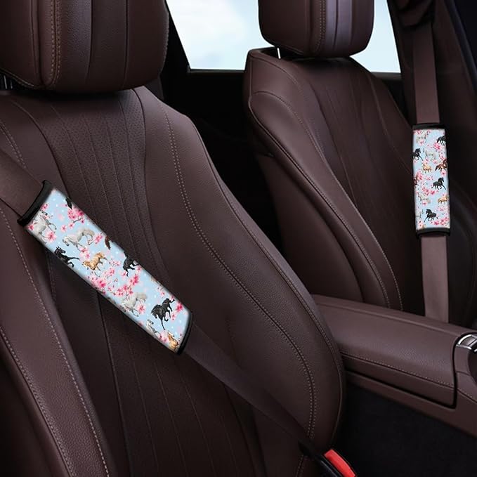 AFPANQZ Horse Cherry Blossoms 2 Pack Car Seat Belt Pads Covers Harness Universal Fit Cute Safety Seatbelt Comfortable Pads Cushion for Adults Kids Non-Slip Shoulder Straps