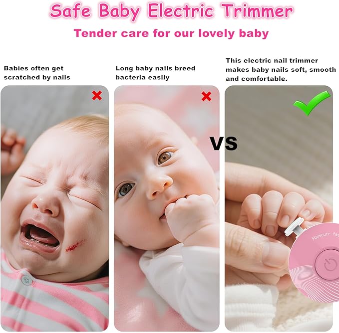 Baby Nail Trimmer Electric Baby Nail File, Baby Nail Clippers, 6 Grinding Heads, Safe Easy Quiet Baby Nail Grooming Care Kit for Newborn Infant Toddler Kids Adult Toes Fingernails (BabyPink)