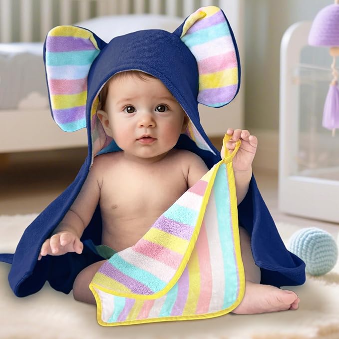 VOOVA & MOVAS Navy Baby Bath Towel with Cute Elephant Ears Hood – Super Absorbent, 100% Cotton, 420GSM – 33" x 31.5", Pink – Thick Towel for 0–18 Months – Newborn, Toddler, Infant, Baby Essentials