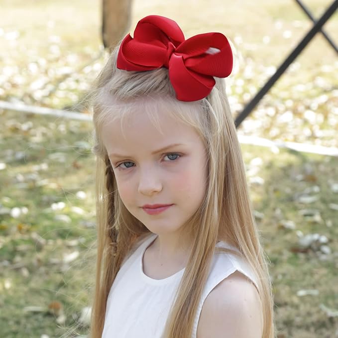 Oaoleer 8PCS Hair Bows for Girls Red Grosgrain Ribbon Boutique Bow Alligator Clips Hair Accessories for Toddlers Little Girls Kids (8inch, 6inch, 4.5inch, 3inch in Pair)