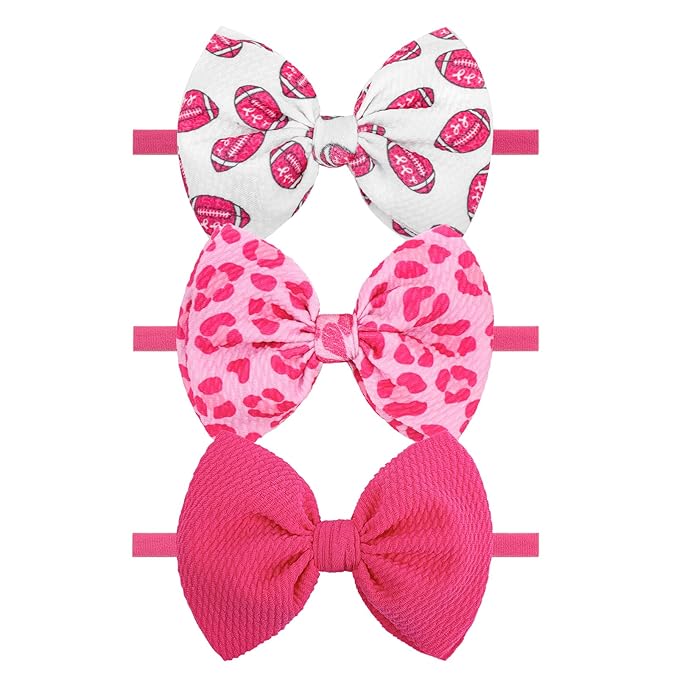 YanJie 3PCS 4.5’’ Breast Cancer Awareness Bows for Baby Girls Leopard Pink Headbands Football Cancer Awareness Items Hair Accessories for Newborns