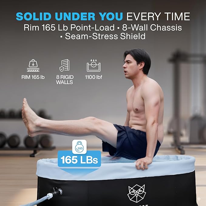 Patented XL Inflatable Oval Ice Bath Tub for Athletes – 140 Gal Insulated Cold Plunge Tub, Chiller Compatible, Dual-tub Air-Cavity Max Insulation & Ultra-Firm 8-Stand Frame - Cold Plunge Pool