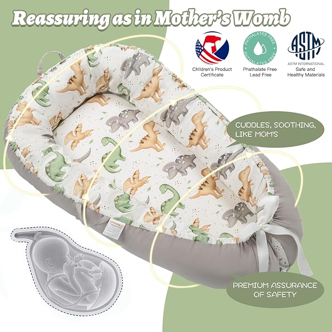 Alened Baby Lounger for Newborn 0-24 Months, Organic Cotton Infant Lounger on Floor for Supervised Tummy Time, Adjustable Portable Support Pad for New Born Awake Use Only - Dinosaur