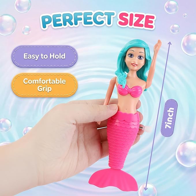 Mermaid Bath Toys for Toddlers Kids Girls - Princess Wind Up Tail Flap Floating Water Bathtub Toys, Swimming Pool Bathing Time Fun (12 Pack)