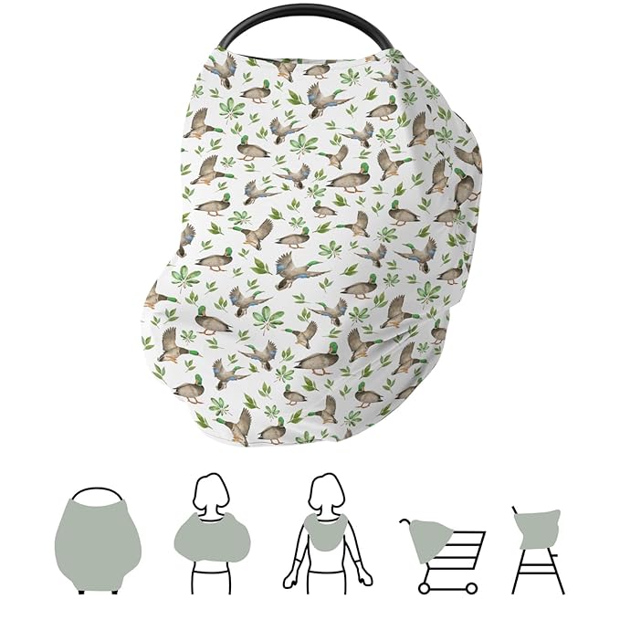 Wild Ducks Green Leaves Car Seat Cover for Babies Green Mallard Ducks Stretchy 5-in-1 Cover Adjustable Car Canopy Cover Duck Hunting Animals Breathable Nursing Cover-Up