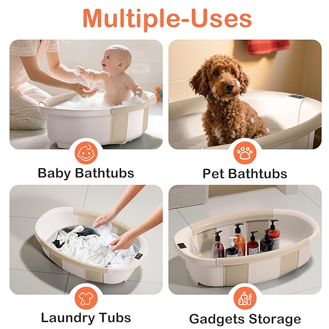 Collapsible Baby Bathtub - Large Baby Bath Tub with Thermometer & Cushion | Travel Portable Newborn Infant Bathtub | Foldable Toddler Bathtub for Baby 0 to 36 Months (Khaki)