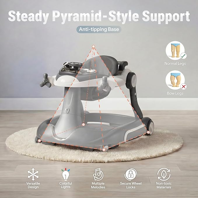 7 in 1 Foldable Baby Walker, Infant Activity Walker w/Adjustable Height, Detachable Play Tray with Music & Light, Baby Push Walker with Wheels for Boys Girls 7-18 Months, Speed Control, Gray