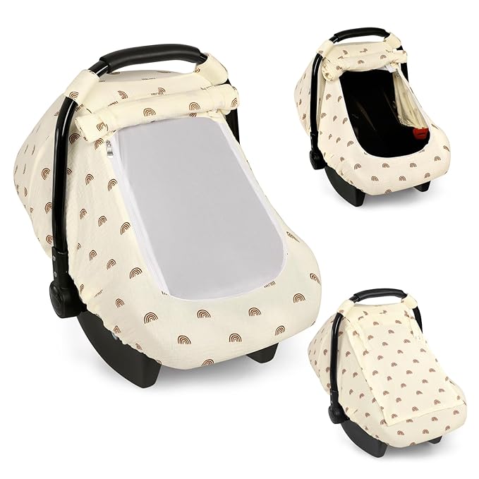 Hooyax Muslin Car Seat Cover Baby - Breathable and Privacy Car Seat Canopy with 3 Modes - Easy Install & Gift Box Packaging, Universal Fit for Infant Car Seats, Rainbow