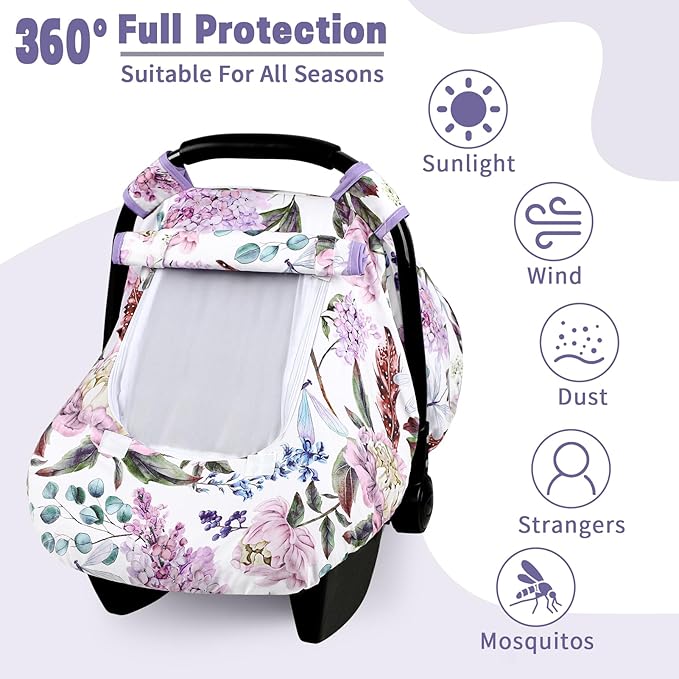 Car Seat Cover Baby, HNHUAMING Infant Car Seat Covers Canopy for Baby Girl Boy, Ultra Soft Newborn Preemie Carseat Insert Cushion for Girls Boys, Fits Car Seat, Stroller, Swing, Bouncer, Purple