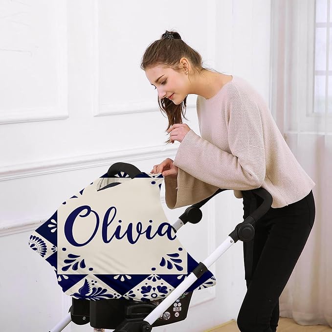 Custom Car Seat Covers for Babies - Breathable Baby Car Seat Cover for Girls Boys, Kick-Proof Newborn Carrier Canopy Stretchy Stroller Cover for 4 Seasons Deep Blue Flower