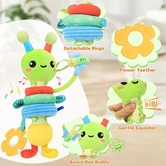 Baby Toy 0-12 Months - BPA-Free Soft Plush Sensory Toy with Gentle Squeaker, Safe Hand Grip & Teething Relief, Portable Newborn Toy for Diaper Bag, Baby Shower Gift (Green Caterpillar)
