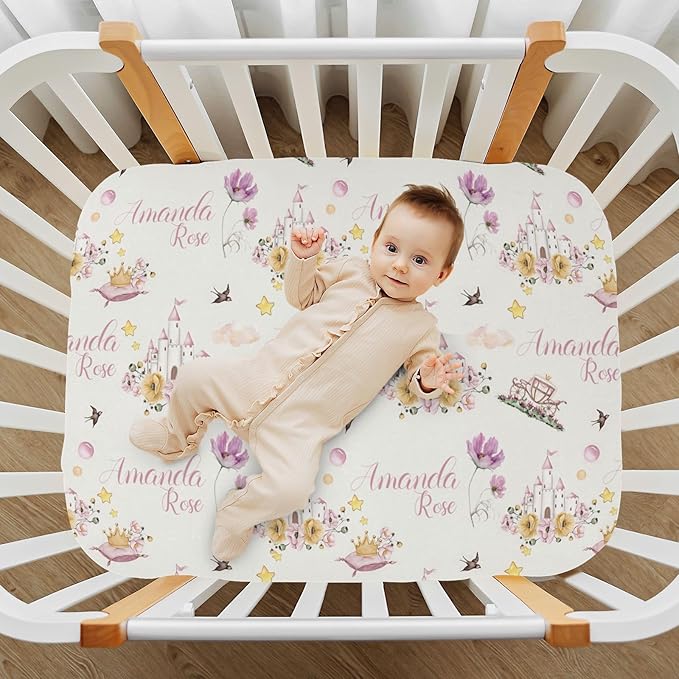 Personalized Pack n Play Sheeted Fitted Soft Material - Custom Princess Castles Baby Mini Crib Sheets for Baby Girls
