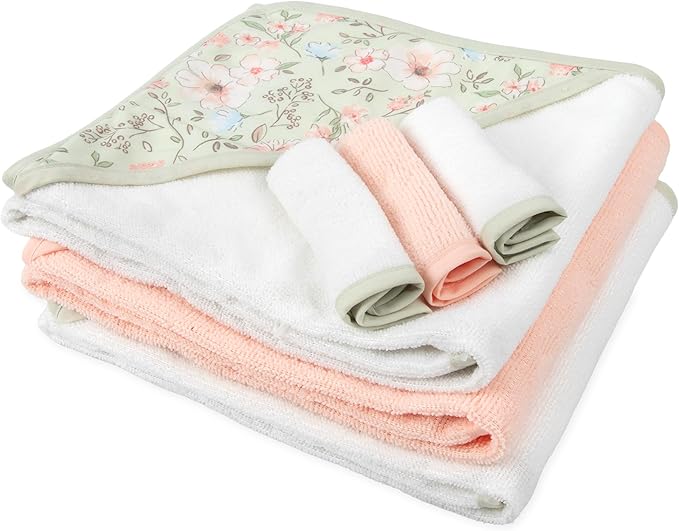 Hooded Baby Bath Towel and Washcloth 6 Piece Set for Newborns, Infants & Toddlers, Boys & Girls Baby Hooded Towels Set Floral Pink