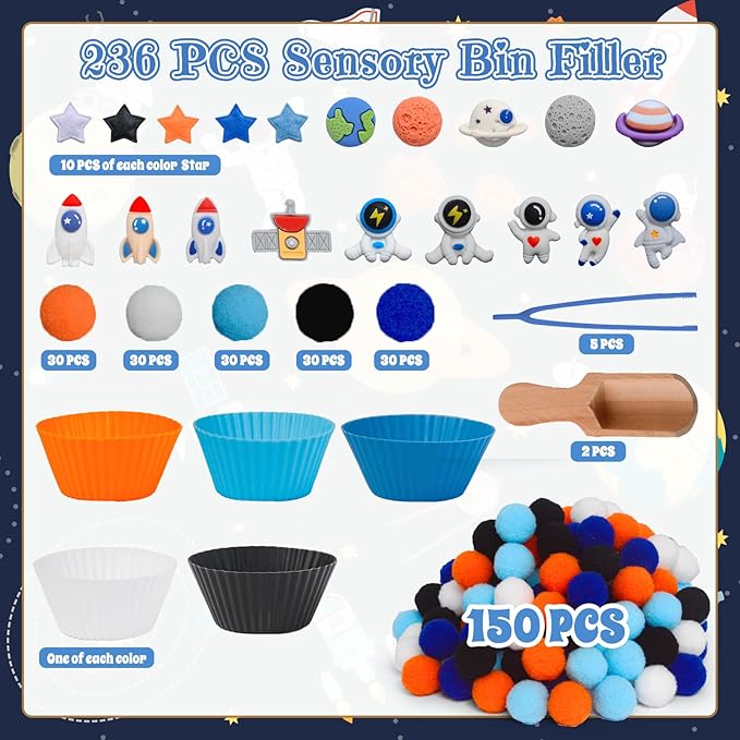 236pcs Space Sensory Bin Filler Fine Motor Toys Astronaut Spaceship Sensory Bin Items Astronauts Saturn Moon Mars Earth Rocket Planet Satellite Space Shuttle Stars for Preschool Education Activities