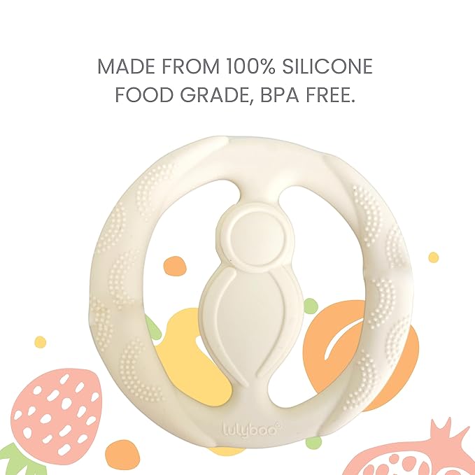 Lulyboo Silicone Baby Teething Ring, Soft and Durable Easy Grip Teether, Soothing for Gums, 0-12 Months, Ivory