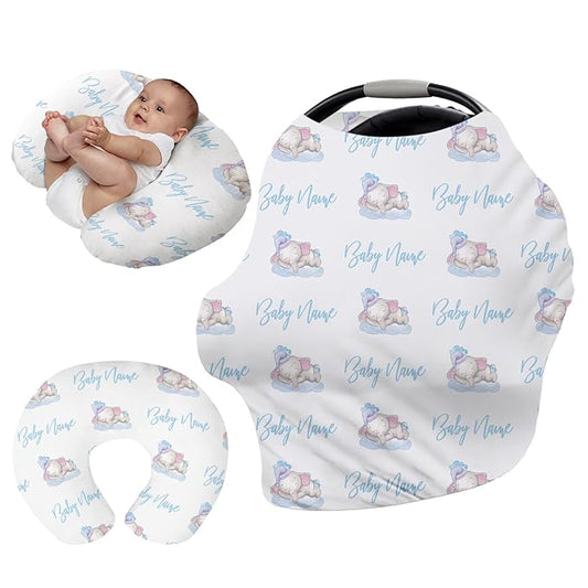 Custom Car Seat Covers for Babies - Breathable Baby Car Seat Cover for Girls Boys, Blue Elephant Print Kick-Proof Newborn Carrier Canopy Stretchy Stroller Cover for 4 Seasons(27"x29")