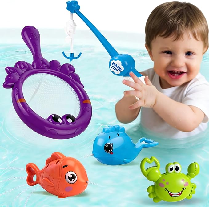 Baby Bath Toy for Toddlers, Fishing Game Bath Toy with 3 Floating Sea Animals, Fishing Pole & Fishing Net, Fun Bathtub Games for Kids Ages 18 Months+