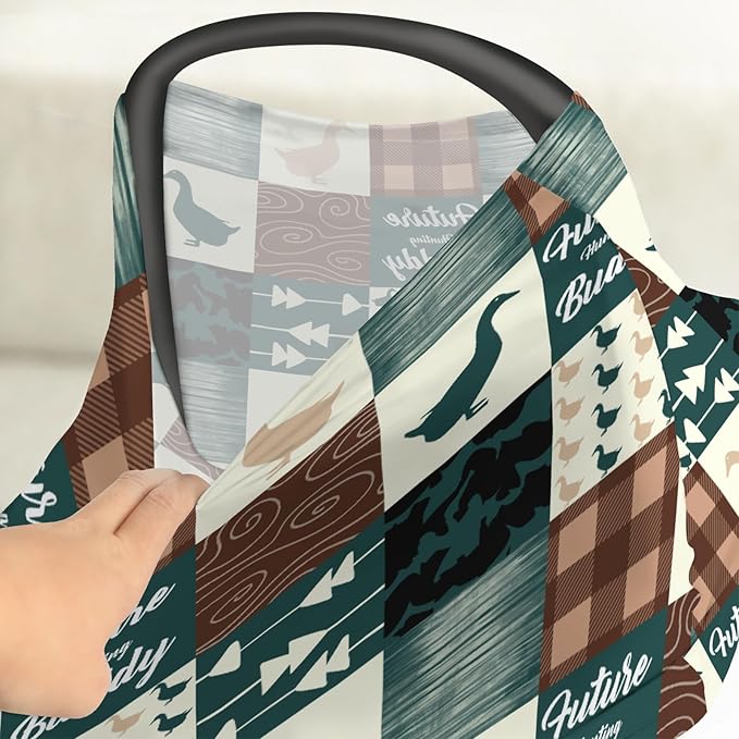 Camouflage Duck Hunting Car Seat Cover for Babies Green Mallard Ducks Plaids Stretchy 5-in-1 Cover Adjustable Car Canopy Cover Wild Ducks Nursery Breathable Nursing Cover-Up